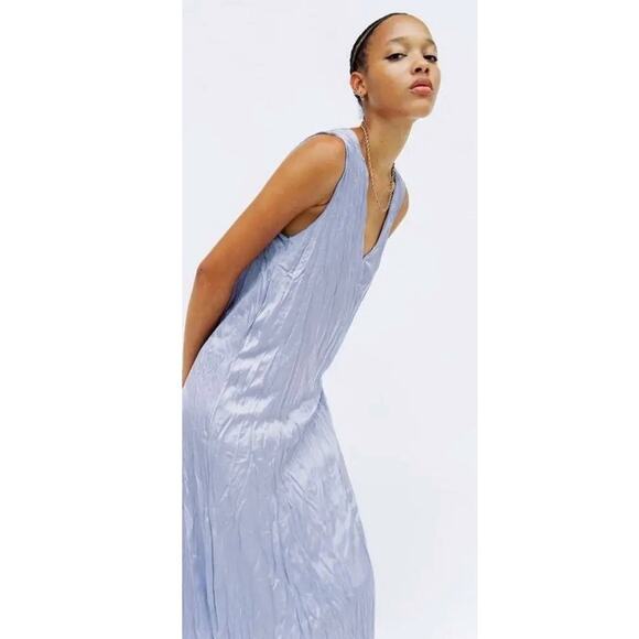 ZARA Satin Wrinkle Midi Shift Dress Lavender Blue Size US Large Party - Picture 2 of 6